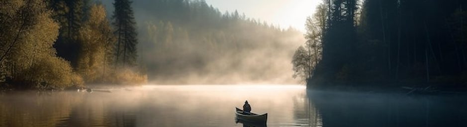 Pescador em represa ao amanhecer